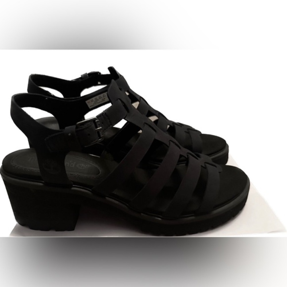EUC Timberland Chunky Heels Violet Marsh Backstrap Black Sandals Size 8.5